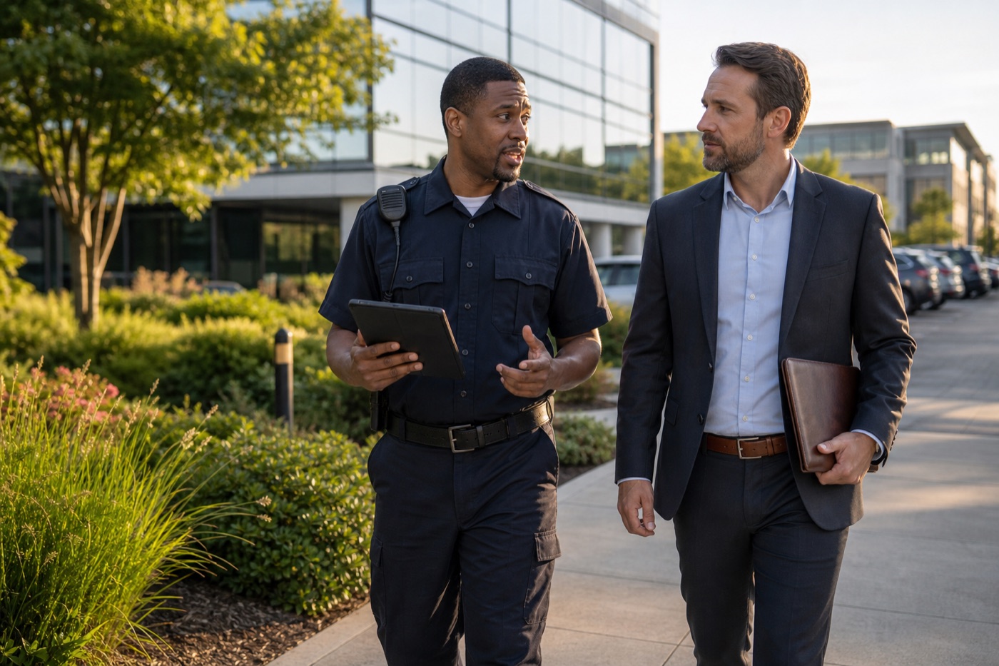 Uniformed security officer walking a commercial property with a property manager.